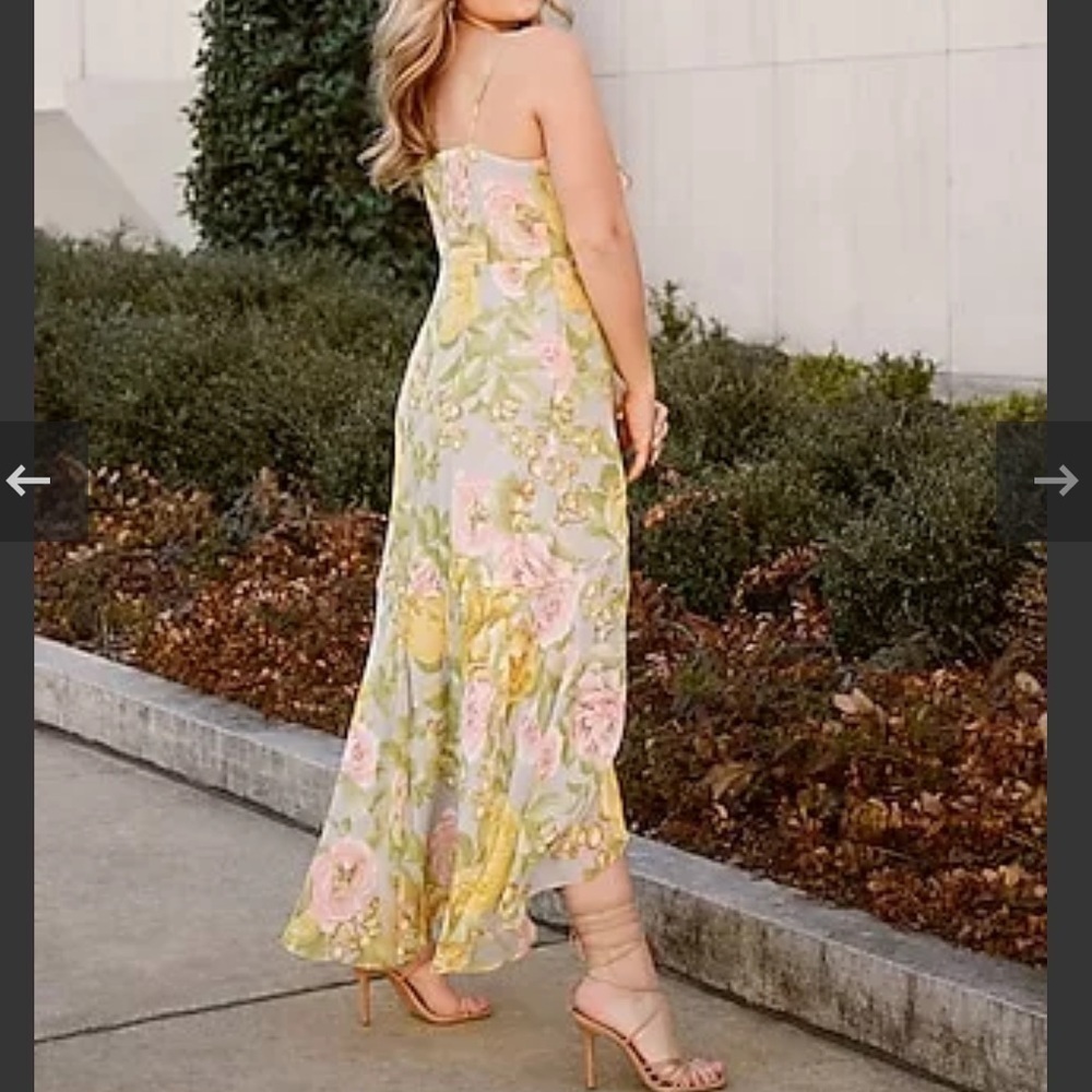 NWT Express Multicolor Floral Print Ruffle Faux Wrap Hi-Lo Maxi Dress, XS